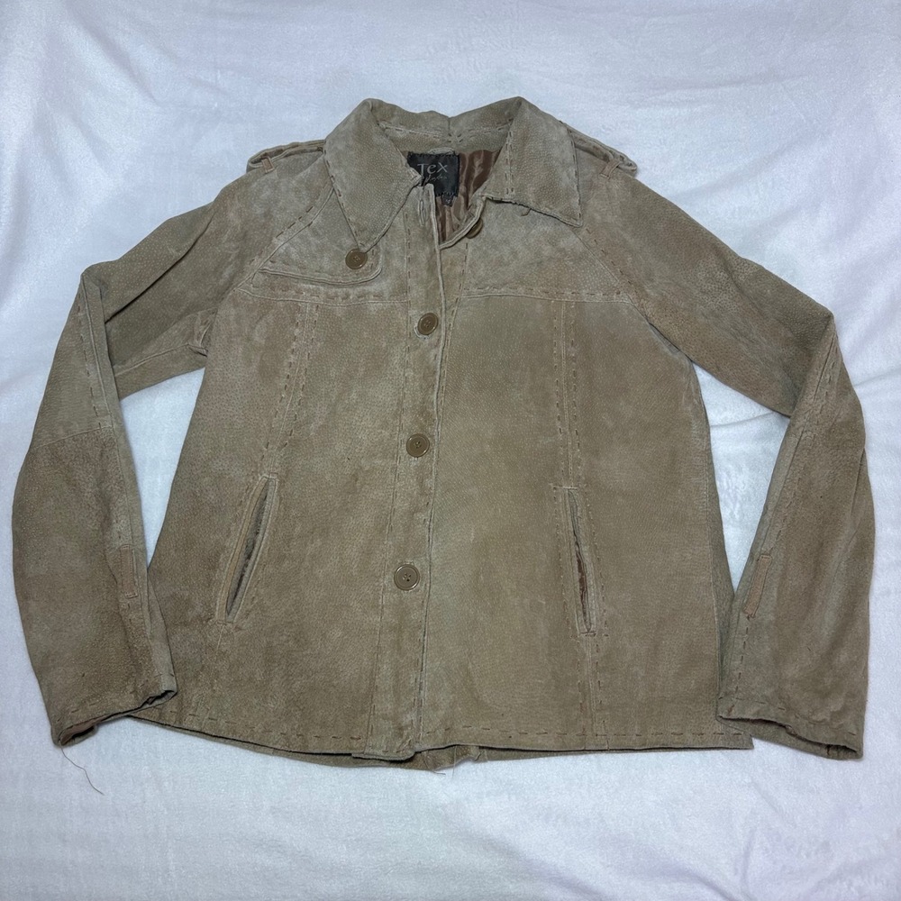Tex by Max Azria Tan Suede Perforated Whipstitch Button Front Jacket Medium